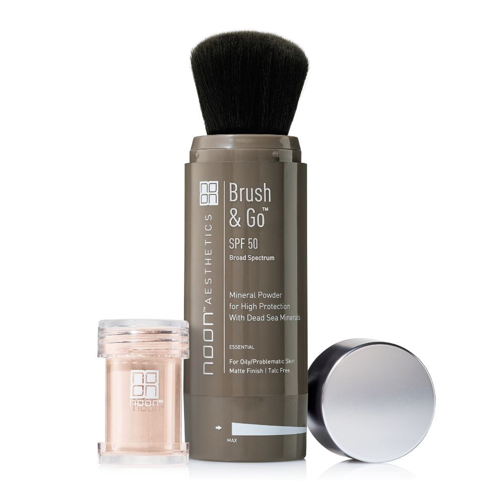 Noon Brush & Go SPF 50 - Oily Skin 01 Mineral Mineralpudder Pudder Solbeskyttelse UVA UVB IR Sol Sommer Sminke Makeup Børste Kost Alle hudtyper Oslo Uren Hud Acne Talg 