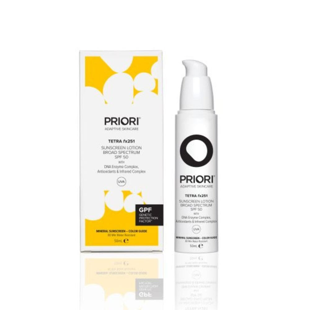 Priori Tetra Broad Spectrum Spf 50 Color Guide - fx251, dagkrem, solkrem, farget krem, dna reparerende enzymer, sol, solfaktor, UVA UVB stråler, oslo, beths