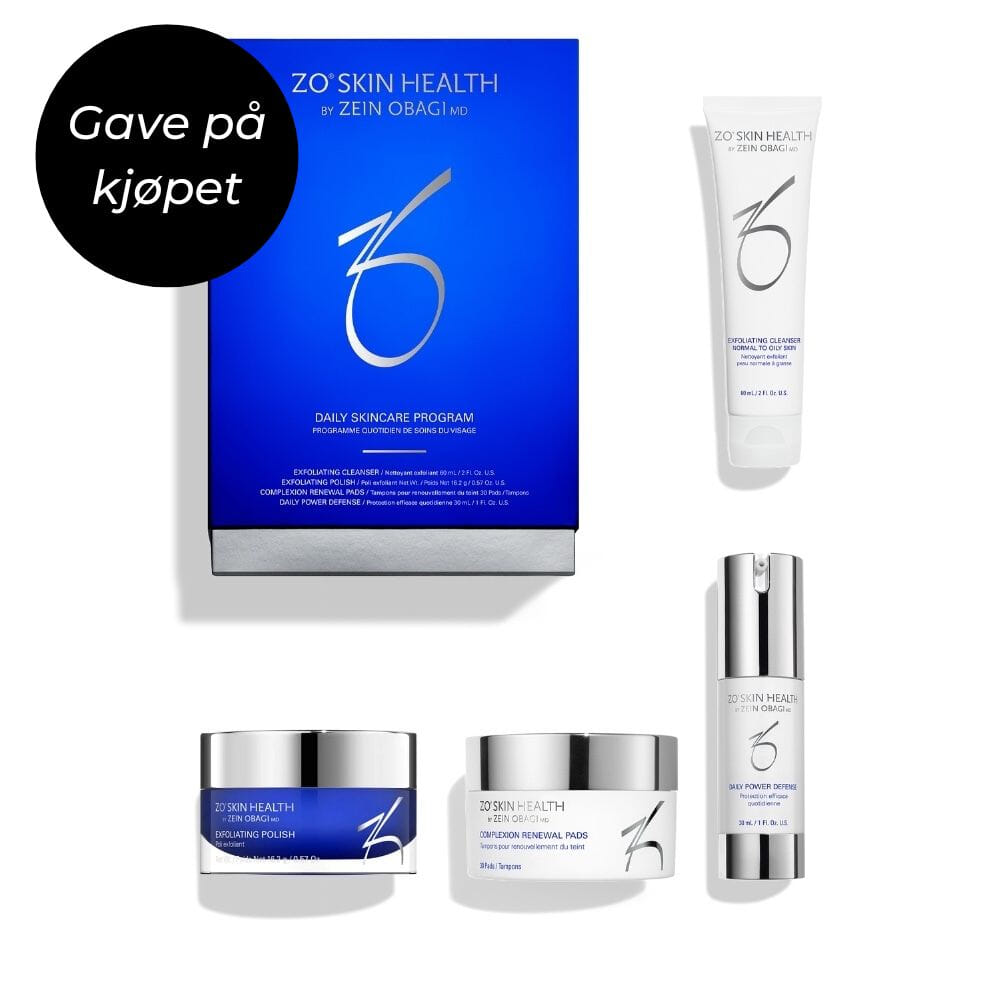 ZO Daily Skincare Program, kit, fukt, glød, porer, reisestørrelse, serum, krem, pads, rens, skrubb, Beths, Oslo, gave på  kjøpet